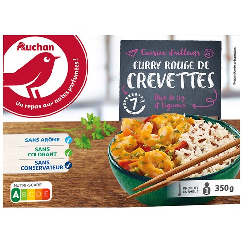 AUCHAN Dúo de curry de camarones rojos y arroz con verduras 350 g Producto Alcampo. Arroz basmati y rojo cocidos, con verduras, camarones pelados y curry rojo 350 g.