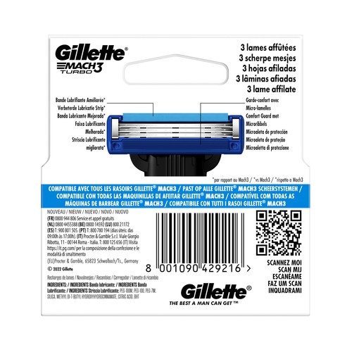 GILLETTE Recambio de cuchillas de 3 hojas para maquinillas de afeitar GILLETTE Mach 3 turbo 4 uds.