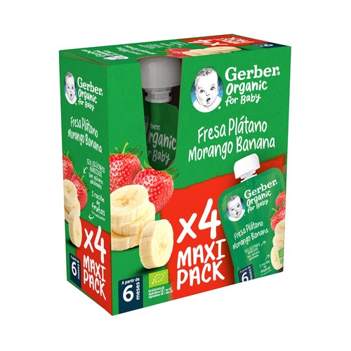 GERBER Organic Bolsita (pouch) de fruta, ecológica (fresa y plátano) para bebés a partir 6 meses.