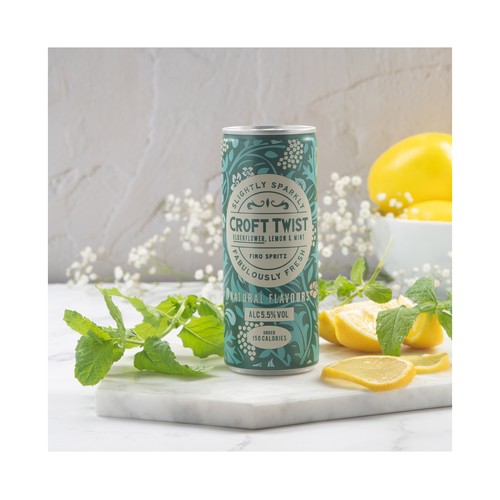 CROFT TWIST Vino frizzante con un toque de flor de saúco, limón y menta, bjo en calorias lata 33 cl.