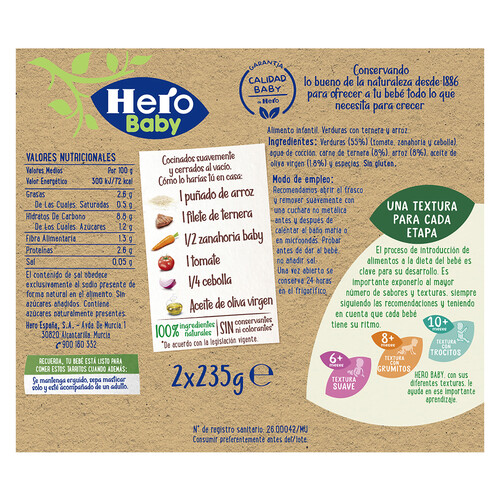 HERO Baby Tarritos de verduras con ternera y arroz (textura con trocitos), a partir de 10 meses 2 x 235 g.