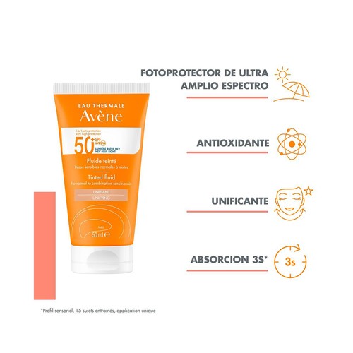 THERMALE AVÉNE Fluido solar facial unificante con color y FPS 50+ (muy alta), para pieles normales, mixtas y sensibles 50 ml.