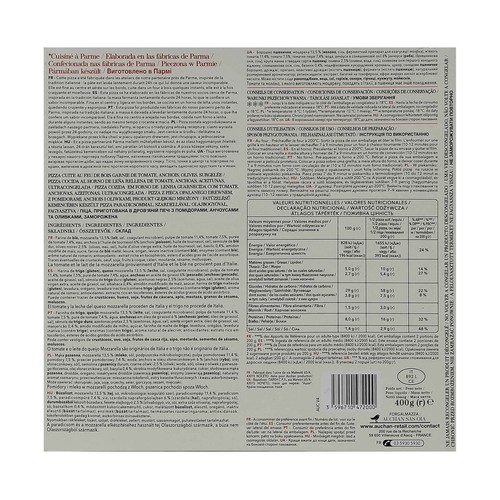 AUCHAN Tavola Italia Pizza cocida al horno de leña de tomate, anchoas y aceitunas 400 g.