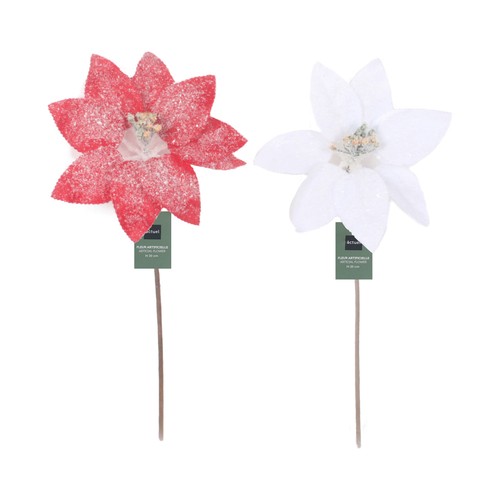 Pick Flor de Pascua Poinsettia Escarchada artificial 26cm ideal para decoración de Navidad modelos surtidos, ACTUEL
