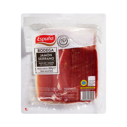 Jamón serrano bodega con más de 9 meses de curación, cortado en lonchas ESPUÑA 360 g.