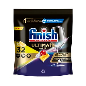 Imagen de FINISH Ultimate Detergente todo en 1, en cápsulas para lavavajillas, con aroma a limón 32 uds.