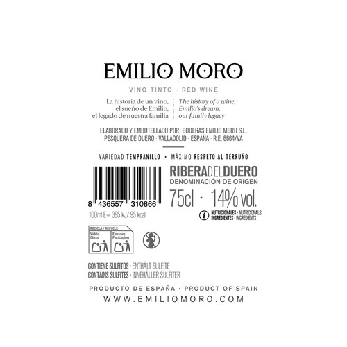 EMILIO MORO  Vino tinto con D.O. Ribera del Duero botella 75 cl.