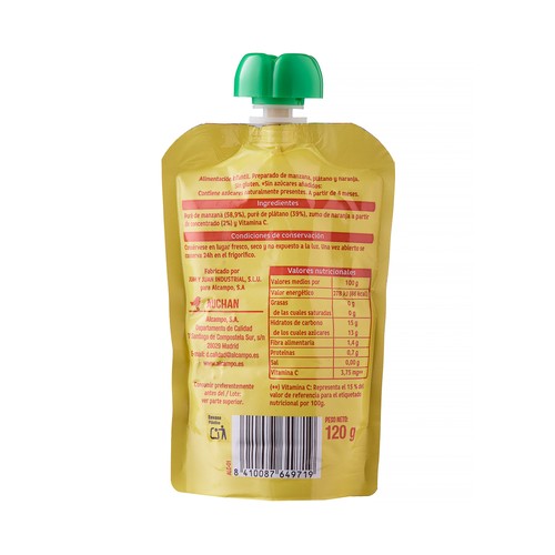 PRODUCTO ALCAMPO Pouch de manzana, plátano y naranja baby 120gr.