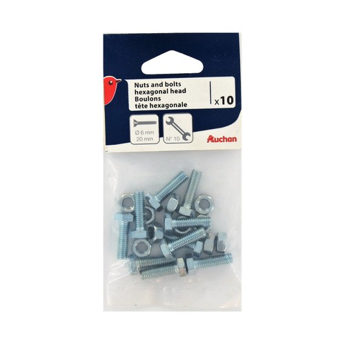 Tornillo de cabeza hexagonal de 6x20 milímetros + tuerca, 20 uds, PRODUCTO ALCAMPO.