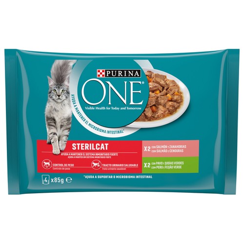 PURINA One Comida para gatos esterilizados a base de pavo y judías verdes (2) o salmón y zanahorias (2) 4 x 85 g.