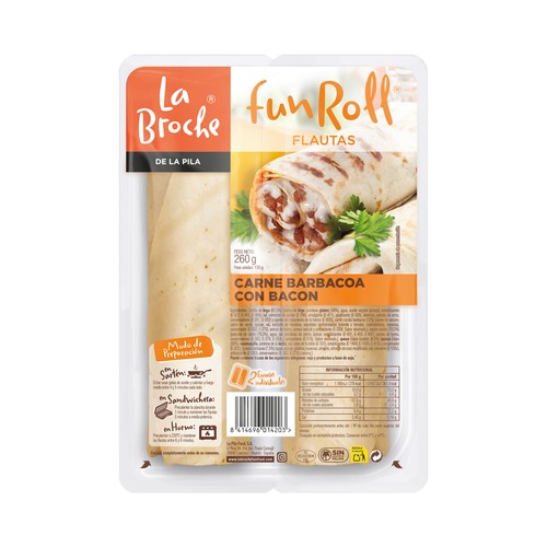 Flautas rellanas de carne a la barbacoa con bacon LA BROCHE Funroll 2 x 130 g.