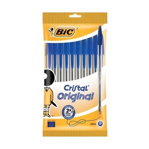 Imagen de 10 bolígrafos con tapa punta media y grosor de 1mm con tinta base de aceite azul BIC Cristal original.