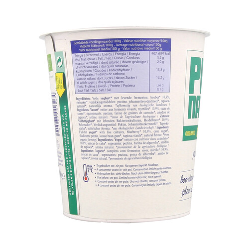 PUR NATUR Yogur con arandanos ecológico PURNATUR 700 g.