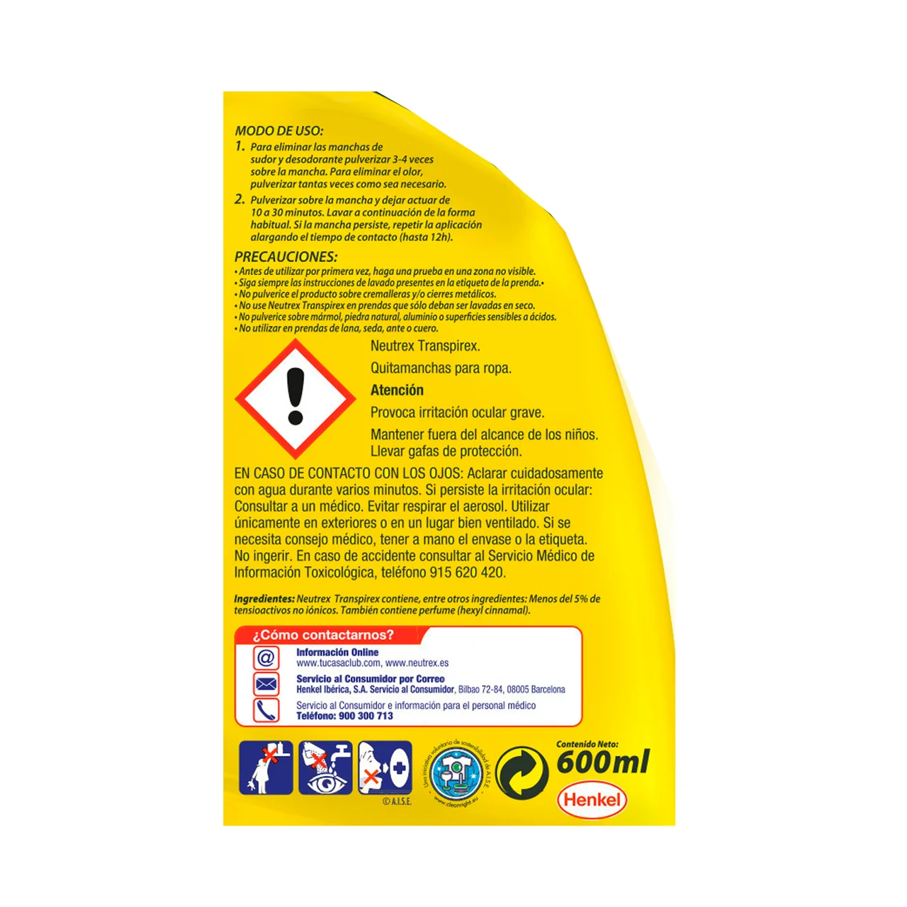 Aditivo de lavado contra manchas de sudor, desodorante y el mal olor Transpirex 600 ml.