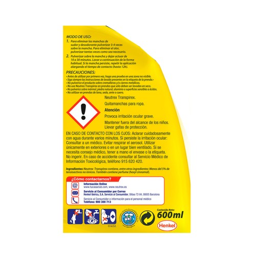 NEUTREX Aditivo de lavado contra manchas de sudor, desodorante y el mal olor Transpirex 600 ml.
