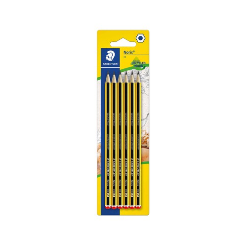 Lote de 6 lápices de gráfito, con cuerpo de color amarillo y negro y dureza 2HB STAEDTLER Noris.