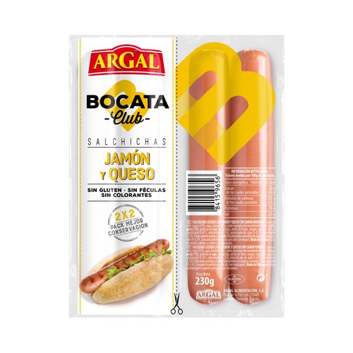 ARGAN Bocata club Salchichas de cerdo, pavo y pollo cocidas, con jamón y queso y sabor ahumado 230 g.