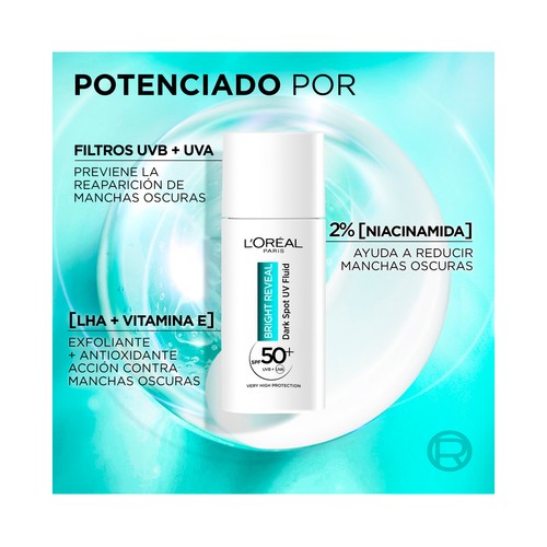 L´ORÉAL PARIS Bright reveal Fluido hidratante y anti-manchas, con FPS 50+ 50 ml.