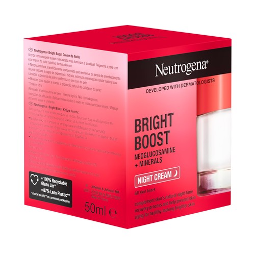 NEUTRÓGENA Bright boost Crema facial de noche, hidratante y regeneradora 50 ml.