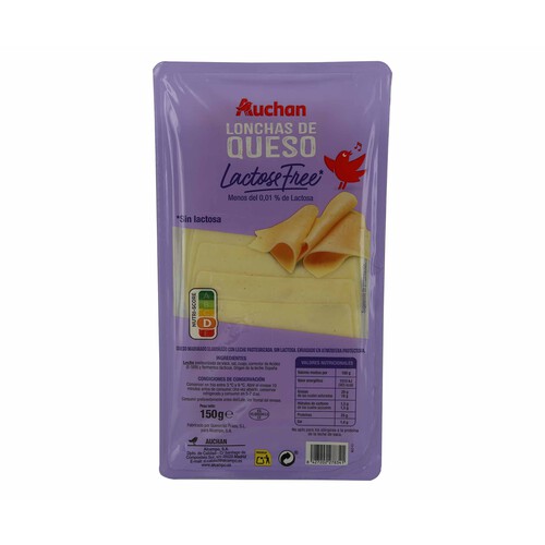 Queso en lonchas sin lactosa PRODUCTO ALCAMPO, 150 g.
