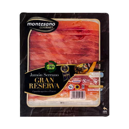 Jamón serrano gran reserva (curación mínima de 15 meses), cortado en finas lonchas MONTESANO Gourmet 120 g.