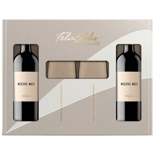 MUCHO MÁS  Estuche con 2 botellas de vino tinto + 2 copas.
