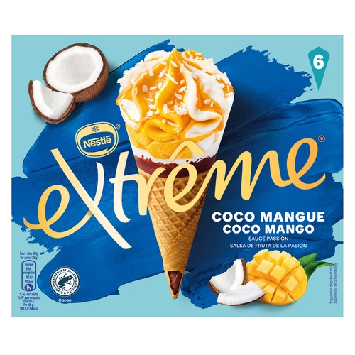 EXTRÉME de Nesté Conos de helado de coco y mango y salsa de fruta de la pasión 6 x 110 ml.