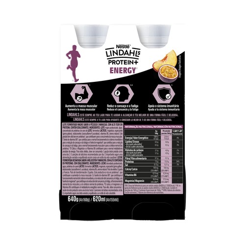 LINDAHLS Protein+ Energy Bebida láctea proteica de melocotón y maracuyá 4 x 160 ml.