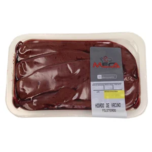 Bandeja con higado de vacuno cortado en filetes MECA