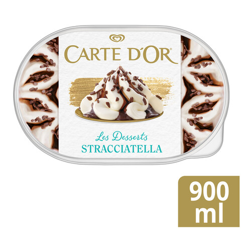 CARTE D'OR Tarrina de helado de stracciatella, con salsa y trocitos de chocolate CARTE D'OR Les desserts de Frigo 900 ml.