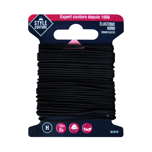 Cinta elástica color negro para costura, 1,50mm  x 8m, STYLE.
