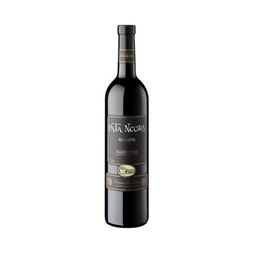 Vino tinto reserva con denominación de origen Valdepeñas PATA NEGRA botella de 75 cl.