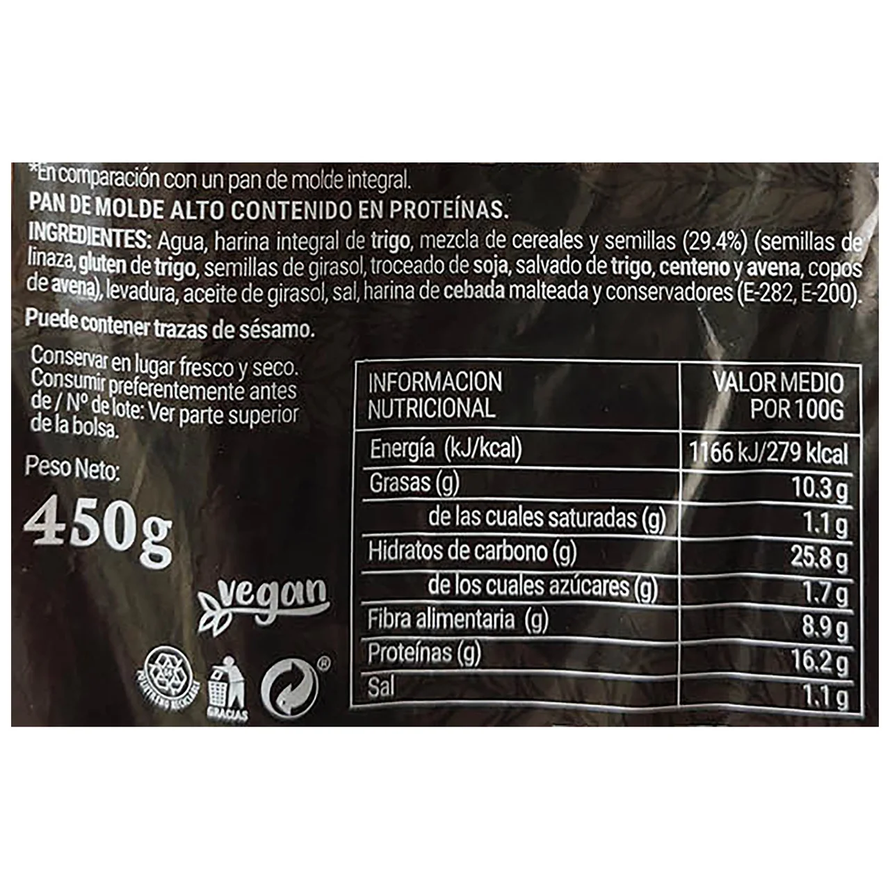Vitragrain Pan de molde con alto contenido en proteínas 450 g.