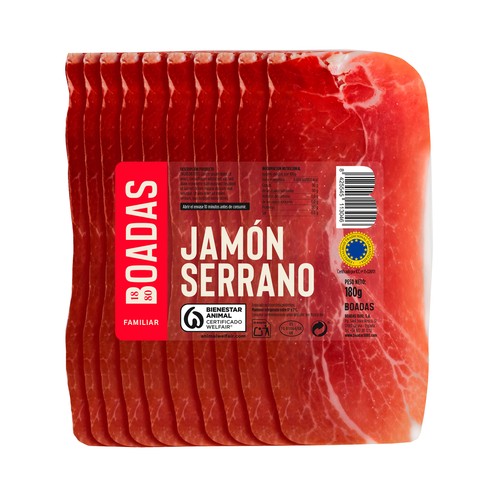 BOADAS Jamón serrano curado cortado en lonchas con separador BOADAS 180 g.