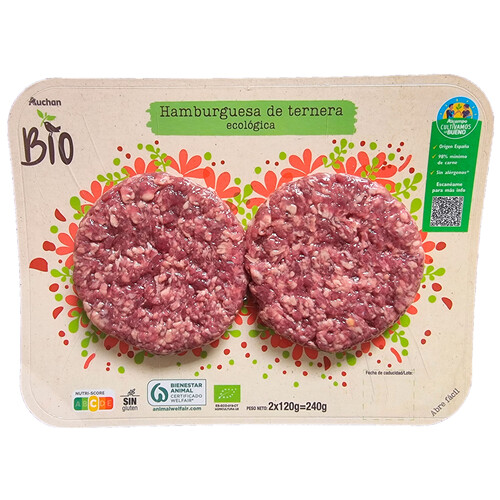 Hamburguesas de tenernera ecológica ALCAMPO PRODUCCIÓN CONTROLADA ECOLÓGICO 2 x 120 g.