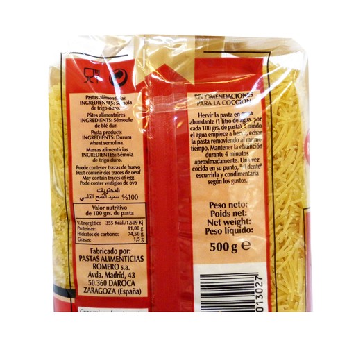 ROMERO Pasta fideos cabellín ROMERO paquete de 500 gramos.