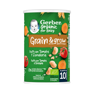 Imagen de GERBER Organic Snacks (puffs) de cereales ecológicos, con tomate y zanahoria, a paritr de 10 meses 35 g.