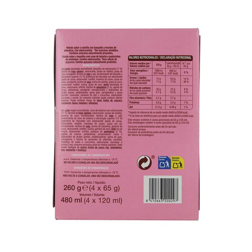 PRODUCTO ALCAMPO Conos de helado sabor a vainilla con trocitos de almendras, sin azucares añadidos PRODUCTO ALCAMPO 4 x 120 ml.
