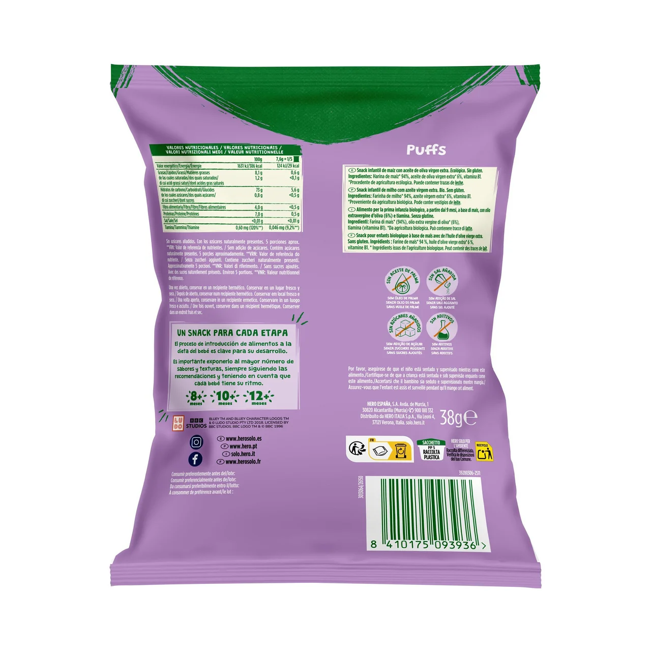 Solo Snacks infantiles no fritos de maíz con aceite de oliva virgen extra, a partir de 9 meses 38 g.