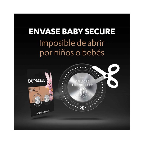 Pack de 2 pilas de botón de litio CR2032, 3V, DURACELL.