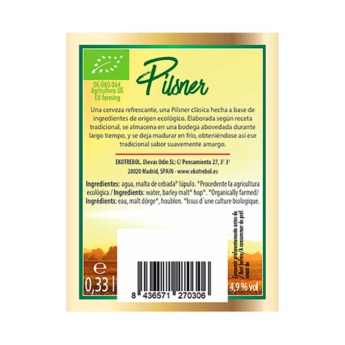 EKOTREBOL Cerveza ecológica premiun tipo Pilsner botellín 33 cl.