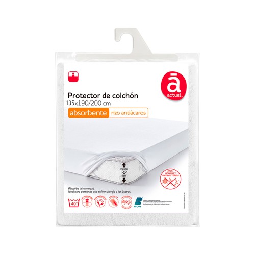 Protector colchón 135X190/200cm hasta 32cm de altura, rizo, antialérgenos. ACTUEL