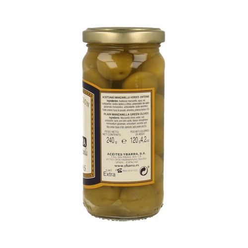 YBARRA Aceitunas verdes manzanilla enteras con hueso frasco de 120 g.