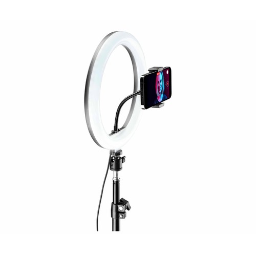 Aro de luz con trípode CELLULAR LINE SELFIERINGPROMULTK, anillo Led 10'', altura 1,60m, 18 modos de iluminación RGB, mando Bluetooth.