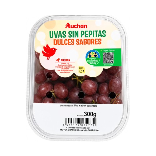 ALCAMPO CULTIVAMOS LO BUENO Uvas dulces sin pepitas con sabor a caramelo 300 g.
