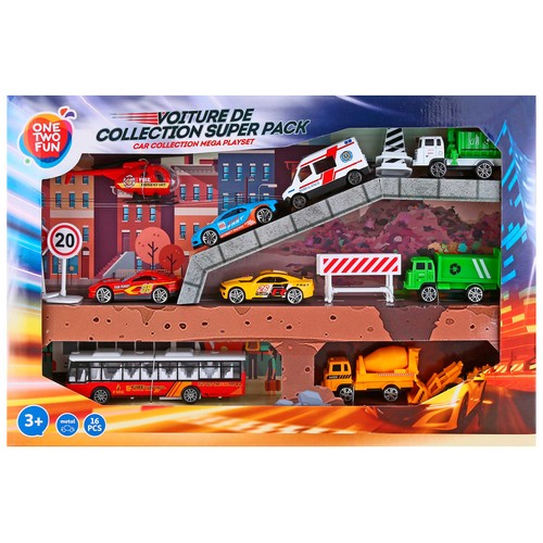 Conjunto De Vehiculos De Ciudad. Pack de Coches, camiones, ambulancia, autobuses de juguete. ONE TWO FUN ALCAMPO