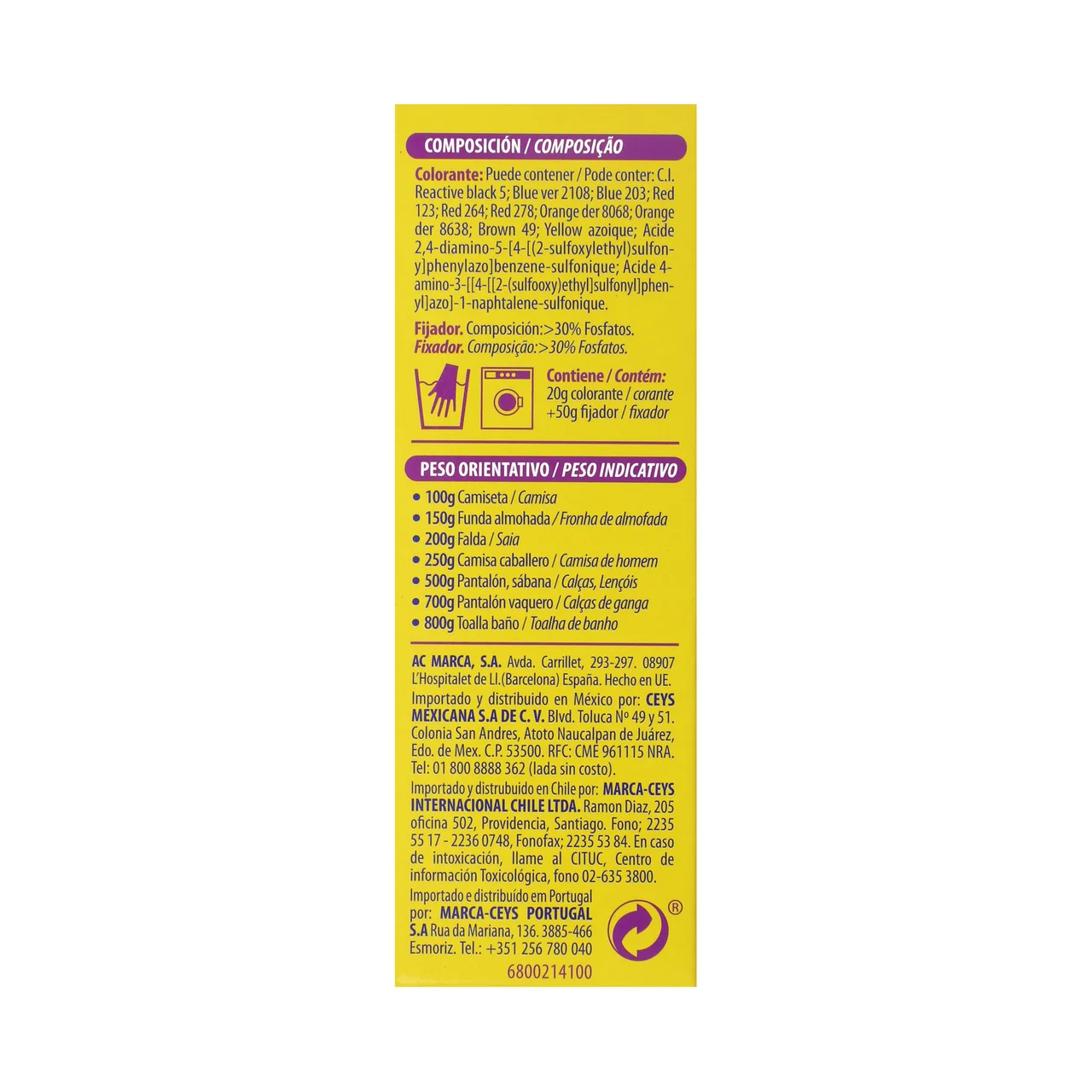 Tinte para ropa color morado (permite teñir a baja temperatura 40ª) 1 ud.