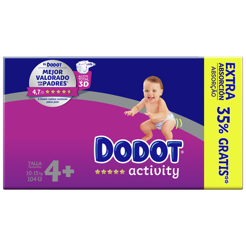 DODOT Pañales talla 4+ para niños de 10 a 15 kilogramos DODOT Activity 104 uds.