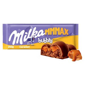 MILKA Chocolate bubbly con leche y relleno líquido de caramelo 250 g.