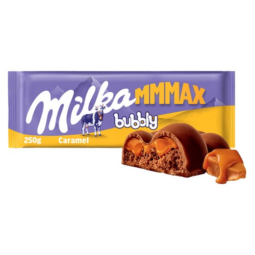 MILKA Chocolate bubbly con leche y relleno líquido de caramelo 250 g.